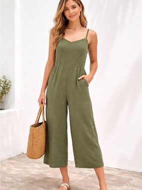 Old Navy Olive Linen Blend Wide Leg Jumpsuit Pockets M Minimalist Casual Chic